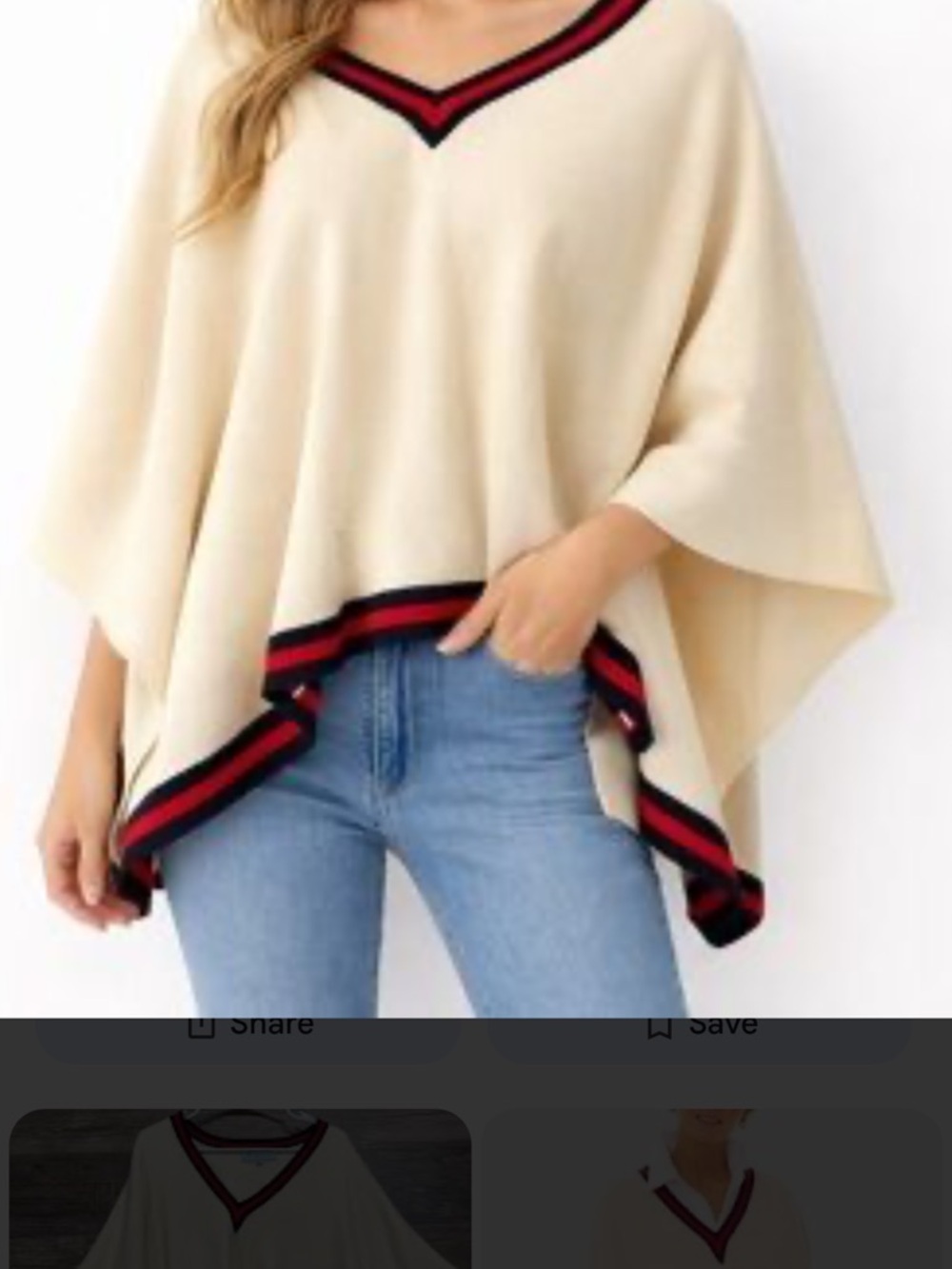 Tuckernuck Camden Poncho Sweater - Cream V‑Neck Poncho with Red and Black Trim